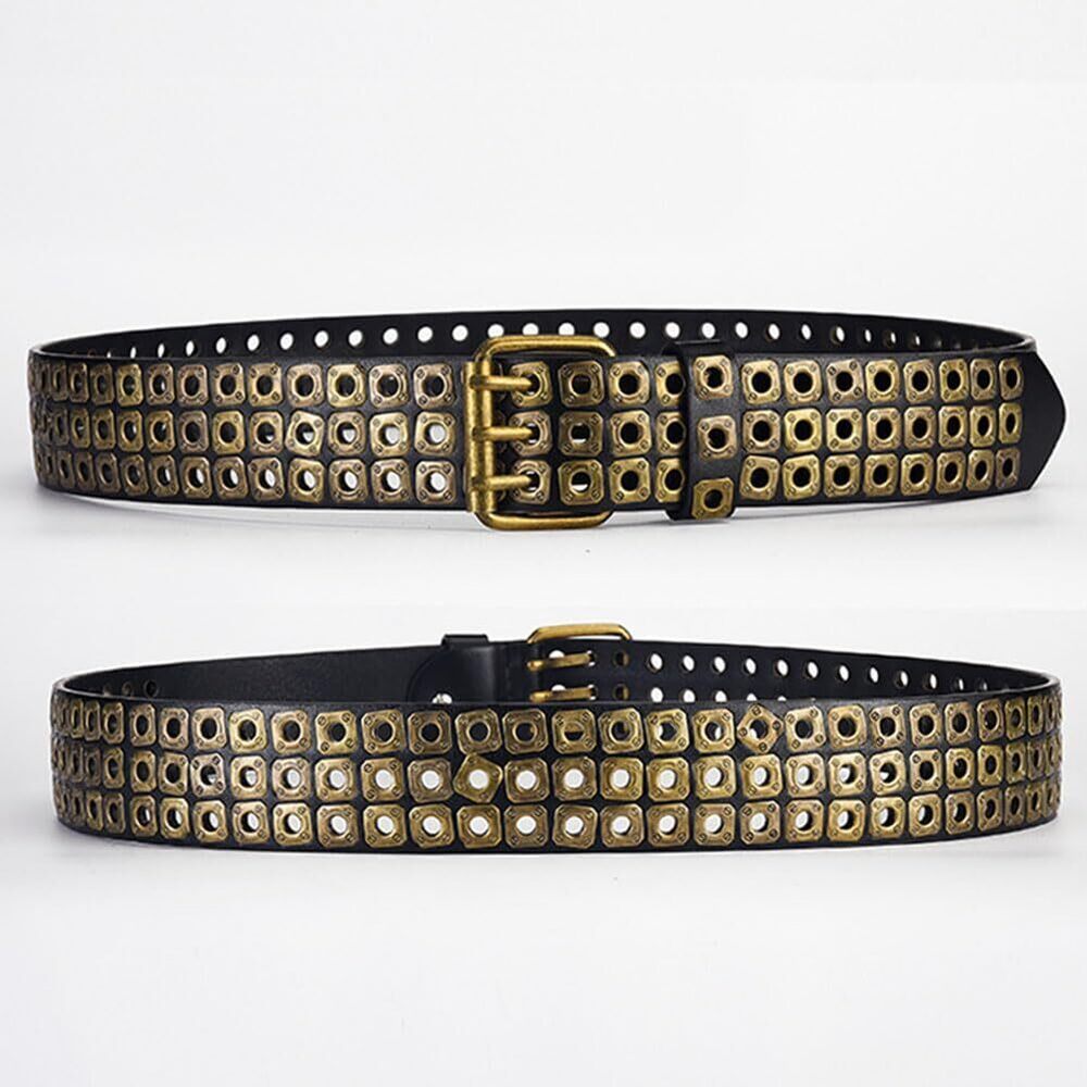 6245 3 Row Studded Holes Grommet Faux Leather Belts For Women Men Punk - Picture 2 of 7